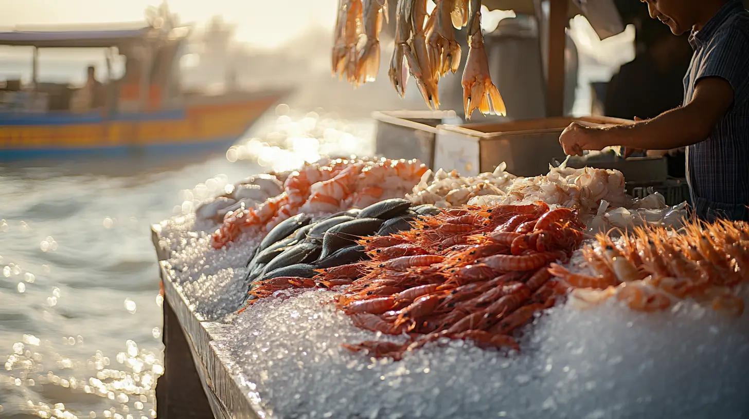 Fresh seafood at a seaside market with fish and shellfish on ice