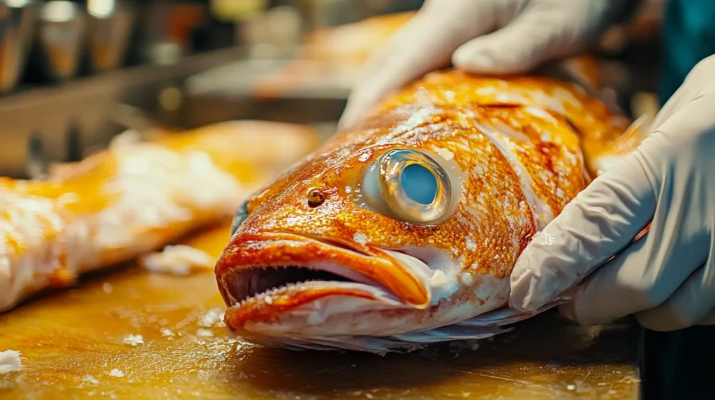 Spoiled seafood with cloudy eyes and dull skin being inspected