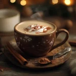 A steaming cup of Bone Broth Hot Chocolate with cinnamon and cocoa