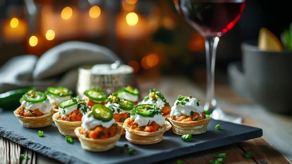 Hanky Panky appetizers on a slate tray with dips and wine