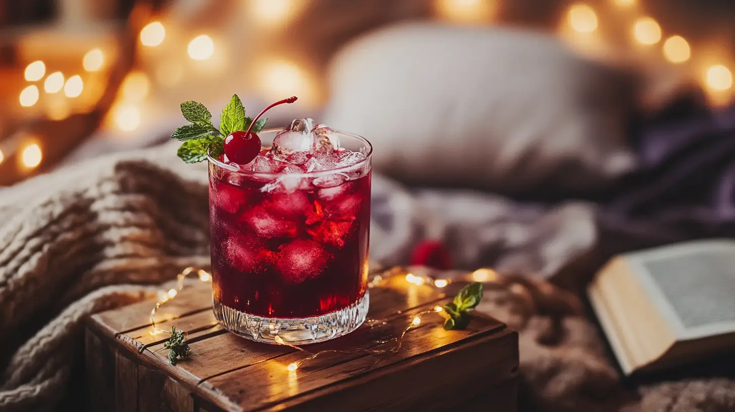 Sleepy Girl Mocktail in a glass with ice, cherry, and mint.