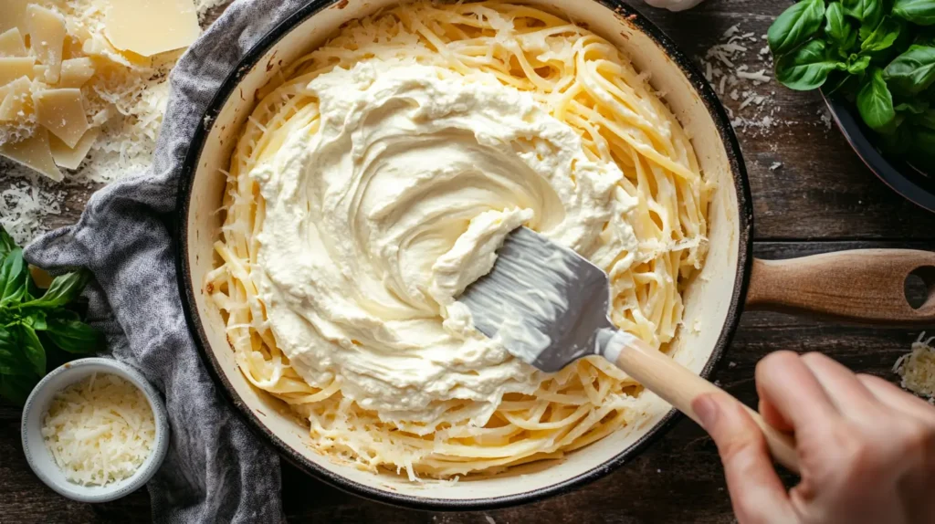 Home cook preparing Ricotta pasta bake with cheese layers.