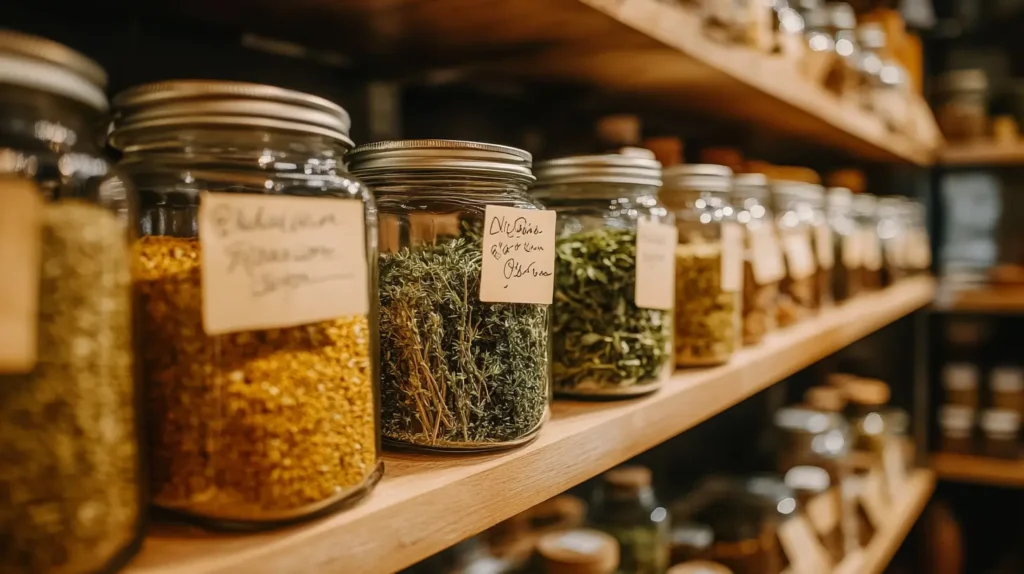 Glass jars of dried herbs neatly stored on a kitchen shelf.