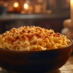 Mac and cheese in a rustic bowl with melted cheese and breadcrumbs