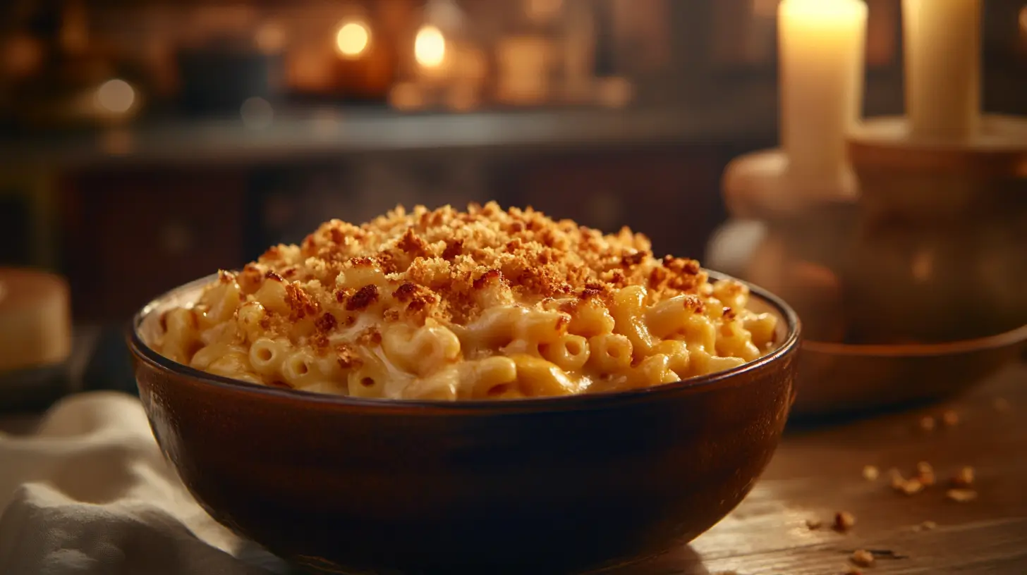 Mac and cheese in a rustic bowl with melted cheese and breadcrumbs