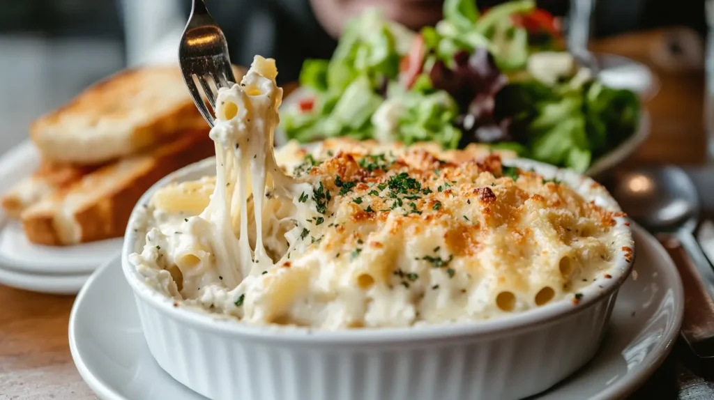 Plated Ricotta pasta bake with garlic bread and Caesar salad.